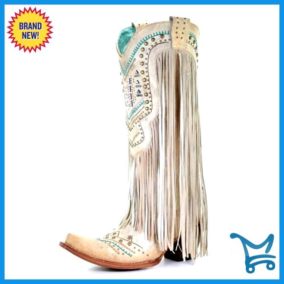 Shoes - Women's Cream Fringe Western Knee-High Heeled Boot with Turquoise Accents